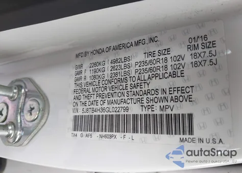 2016 Acura Rdx Acurawatch Plus Package из США, поврежденный, VIN 5J8TB4H36GL022799